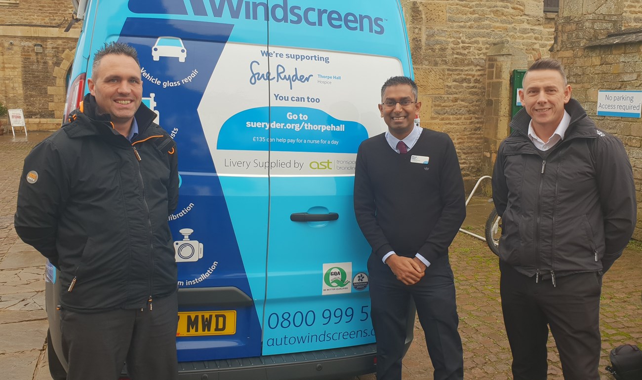 LR Matthew Rawles of Auto Windscreens, Nilesh Patel of Sue Ryder Thorpe Hospice and Steve Coddington of Auto Windscreens with van.jpg